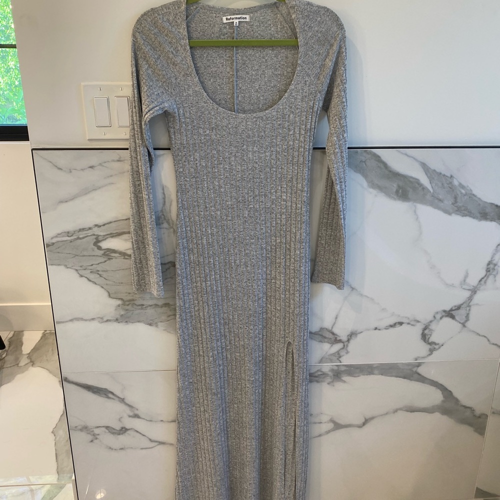 Reformation scoopneck ribbed sweater dress in marled grey